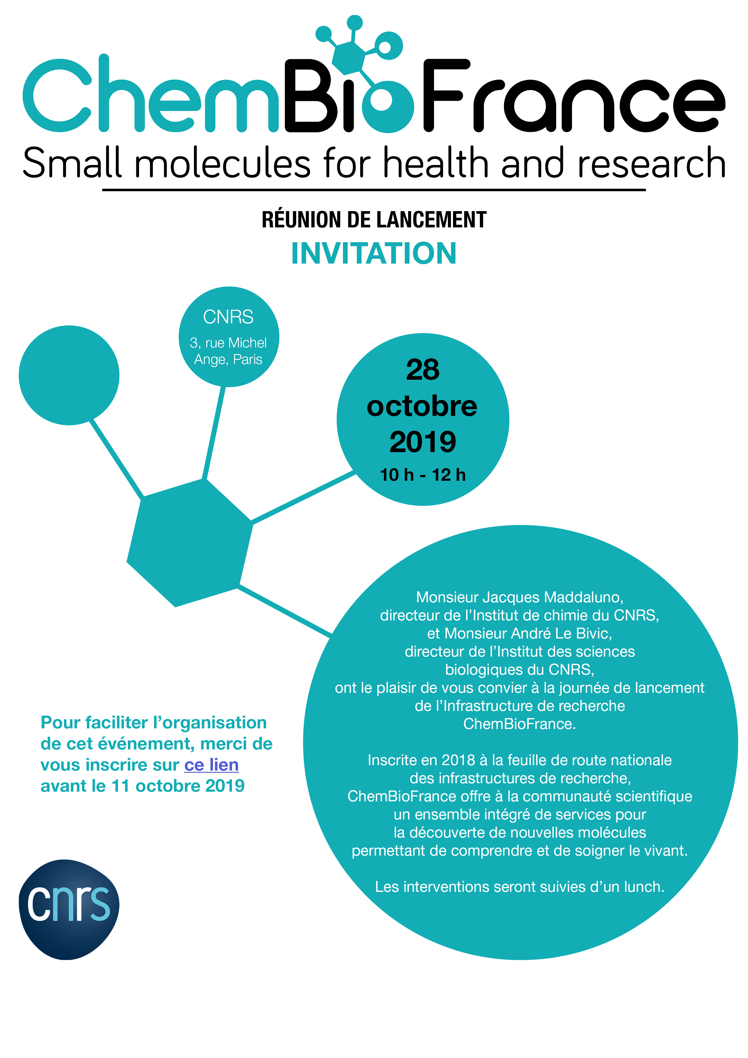 Invitation ChemBioFrance - 28 octobre 10h CNRS 3 rue Michel Ange 75016 Paris